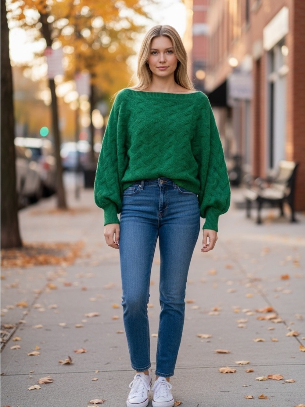 Green Basketweave Textured Knit Bubble Sleeve Sweater Small